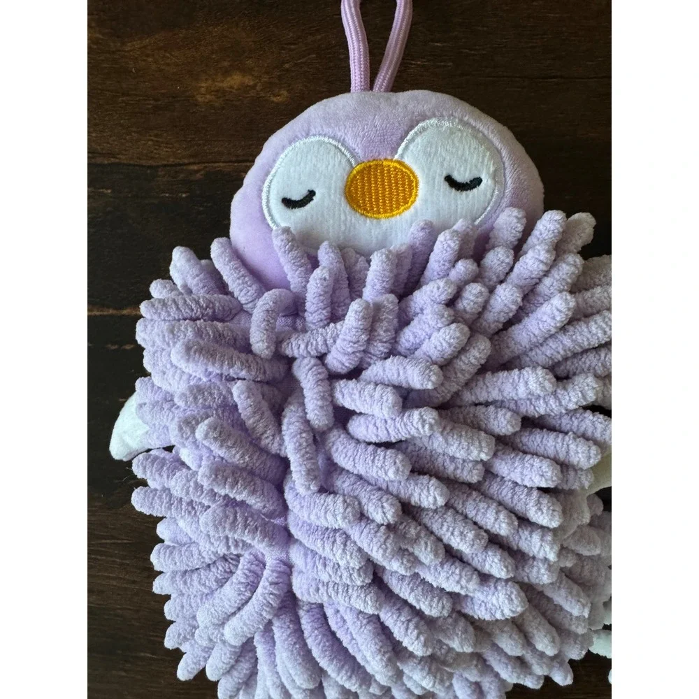 Set of 2 Penguin Chenille Microfiber Hand Towels Purple White Hanging Loops
